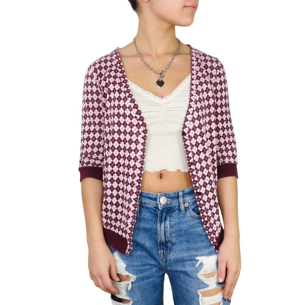 Old Navy Y2k Vintage Argyle Plaid Purple Cardigan Sweater XS Cute Coquette Retro